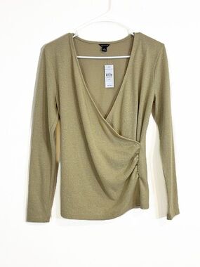 Ann Taylor Faux Wrap V-Neck Long Sleeve Top Metallic Gold NWT Size XS
